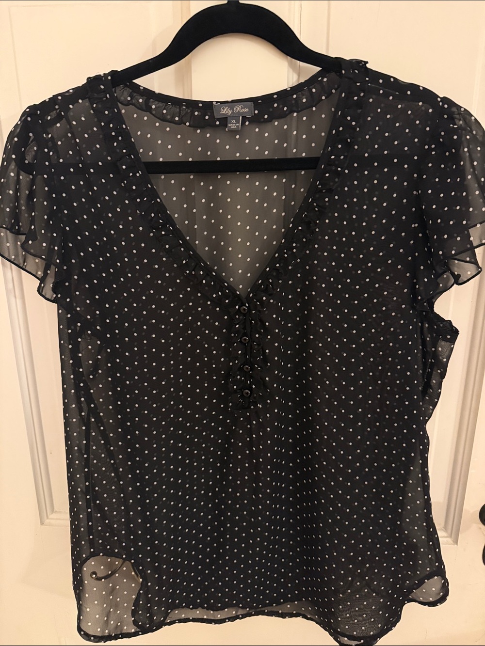 Lily Rose Black Polka Dot Sheer V-Neck Flutter Sleeve Blouse